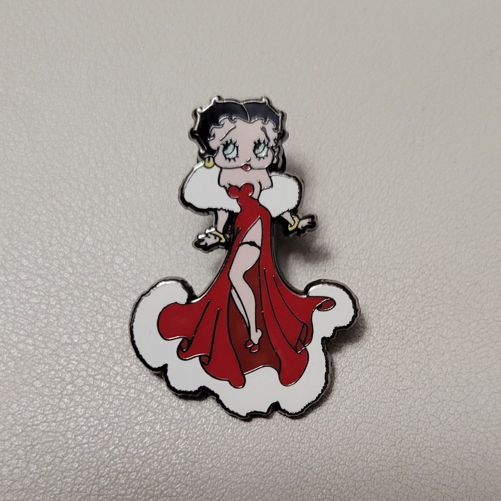 Beautiful BETTY BOOP Enamel Long Red Dress W/ White Fur‎ Winter Christmas Pin
